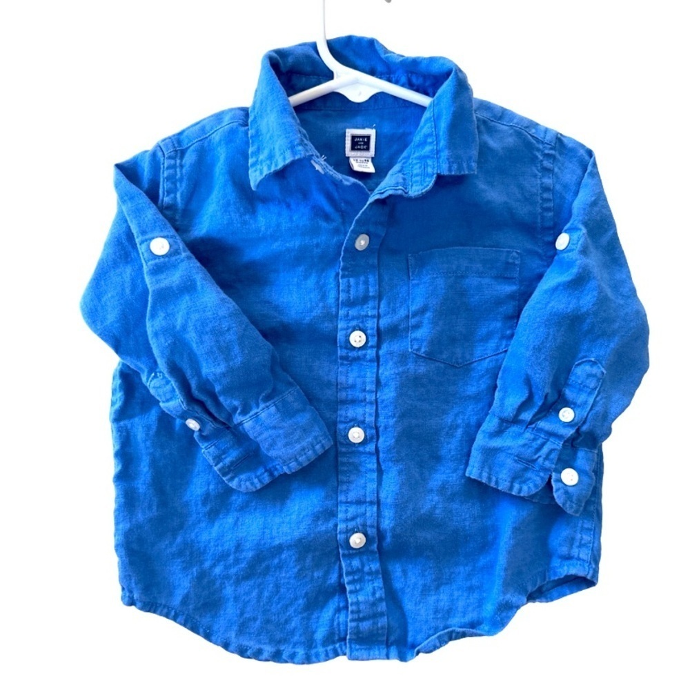 Janie and Jack Boys 12-18 months Blue Button Down 100% Linen